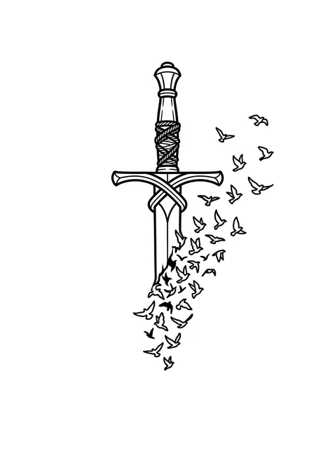 Black and white linework sword and bird tattoo design, outline stencil