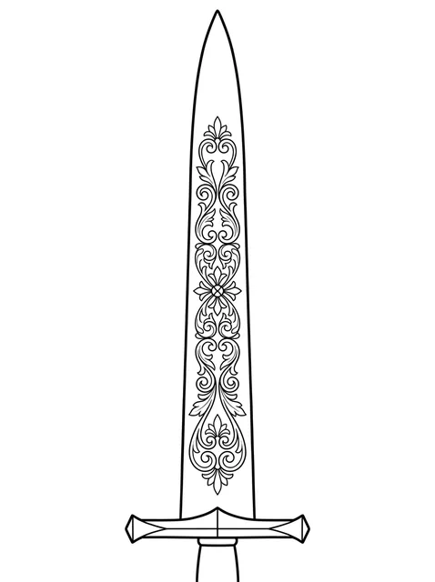 Black and white linework sword and leaf tattoo design, outline stencil: a sword with an ornate blade