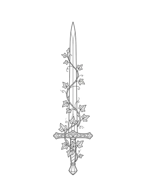 Black and white linework sword and vine tattoo design, outline stencil
