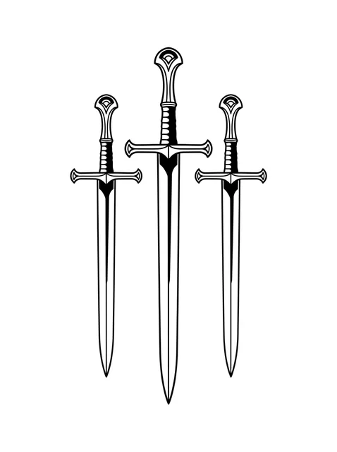 Black and white linework sword tattoo design, outline stencil