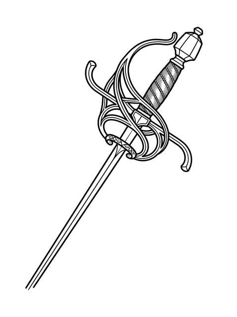 Black and white linework sword tattoo design, outline stencil