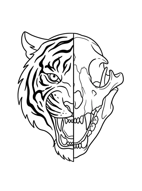 Black and white linework tiger and skull tattoo design, outline stencil