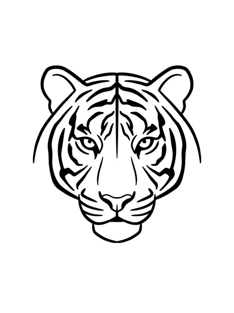 Black and white linework tiger tattoo design, outline stencil: the head of a tiger