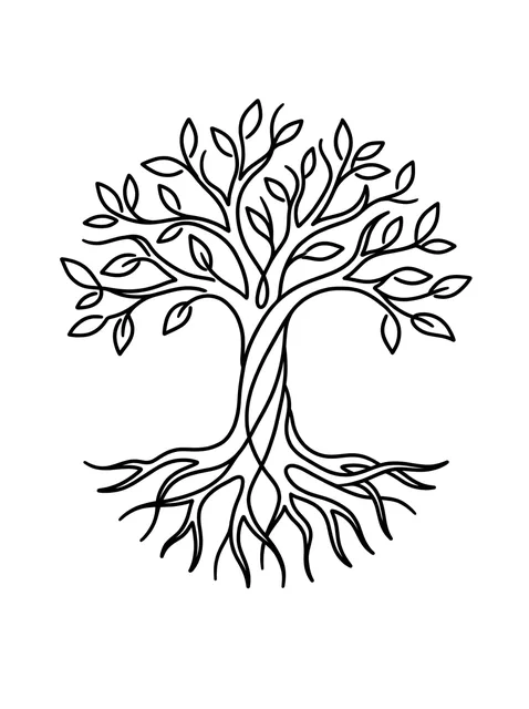 Black and white linework tree of life tattoo design, outline stencil
