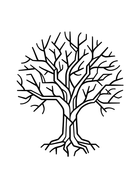 Black and white linework tree tattoo design, outline stencil
