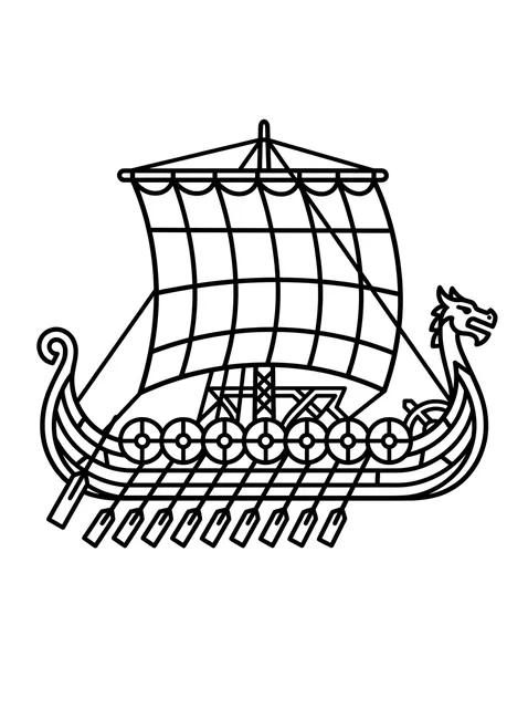 Black and white linework viking and ship tattoo design, outline stencil