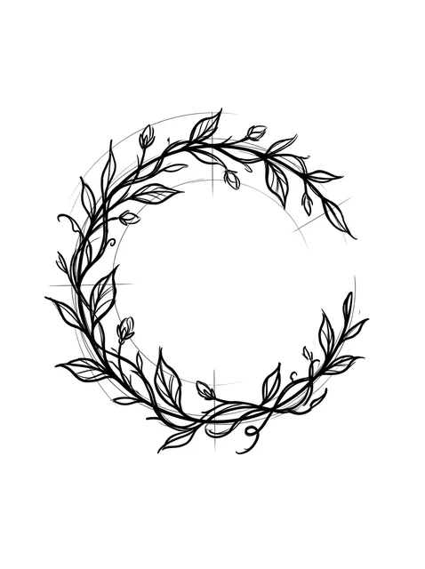 Black and white linework vine and leaf tattoo design, outline stencil