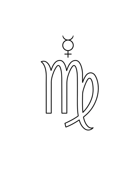 Black and white linework virgo tattoo design, outline stencil: the small symbol of Mercury