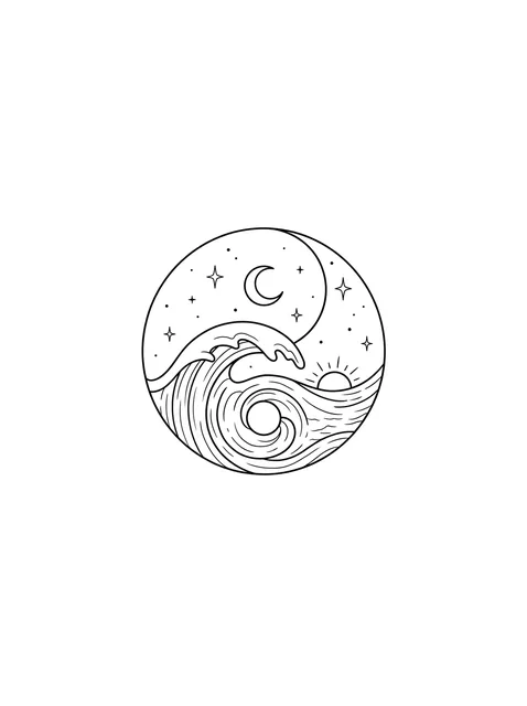 Black and white linework wave and moon tattoo design, outline stencil