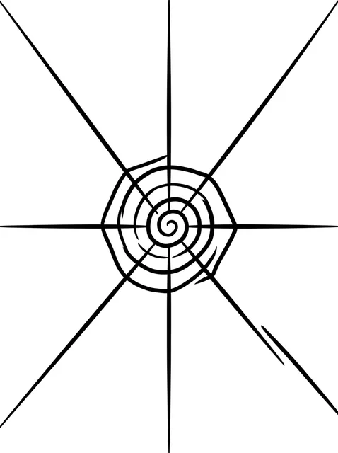 Black and white linework web tattoo design, outline stencil: a spider web with a central spiral