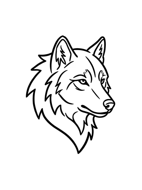 Black and white linework wolf tattoo design, outline stencil: the head of a wolf in profile