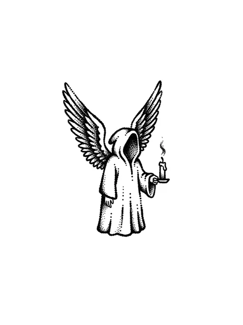 Black and white minimalist angel of death and candle tattoo design, outline stencil
