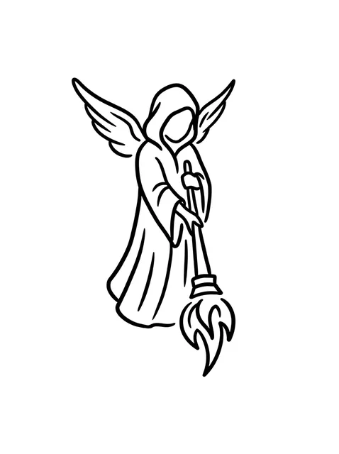 Black and white minimalist angel of death and torch tattoo design, outline stencil