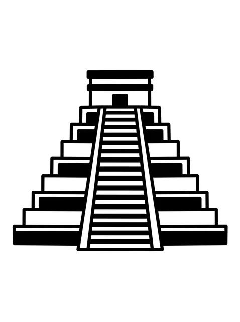 Black and white minimalist aztec tattoo design, outline stencil: an Aztec pyramid
