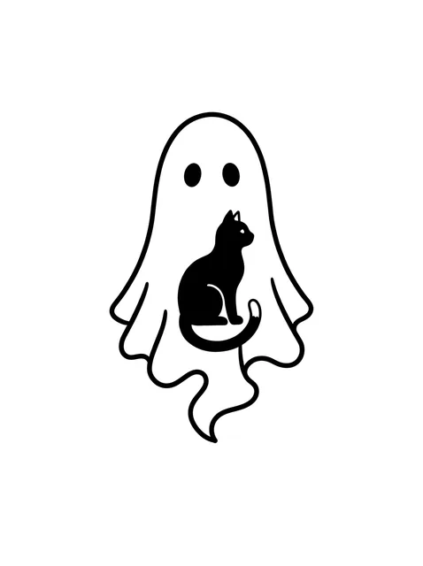 Black and white minimalist cat and ghost tattoo design, outline stencil