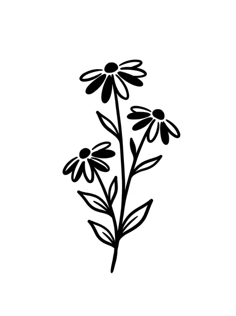 Black and white minimalist daisy and flower tattoo design, outline stencil