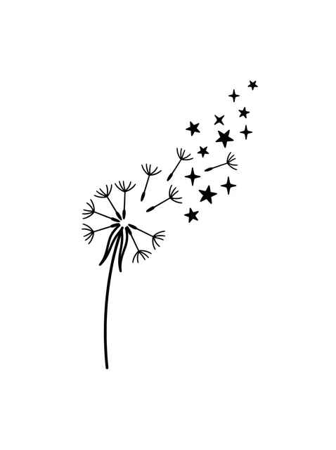 Black and white minimalist dandelion and star tattoo design, outline stencil