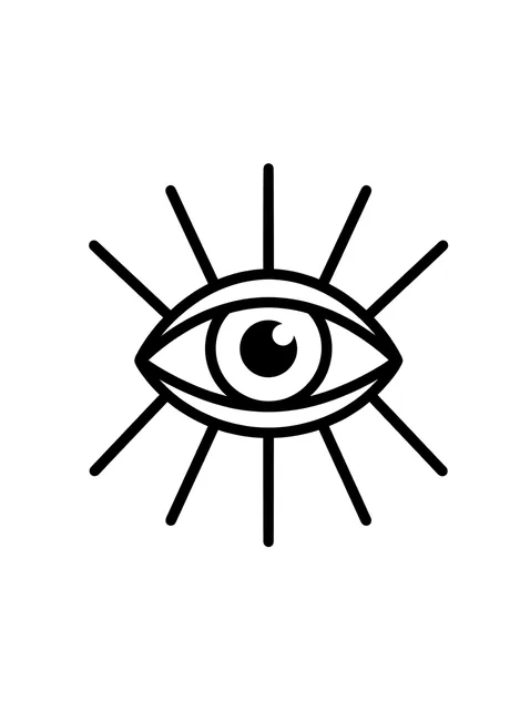 Black and white minimalist evil eye and eye tattoo design, outline stencil: an evil eye symbol