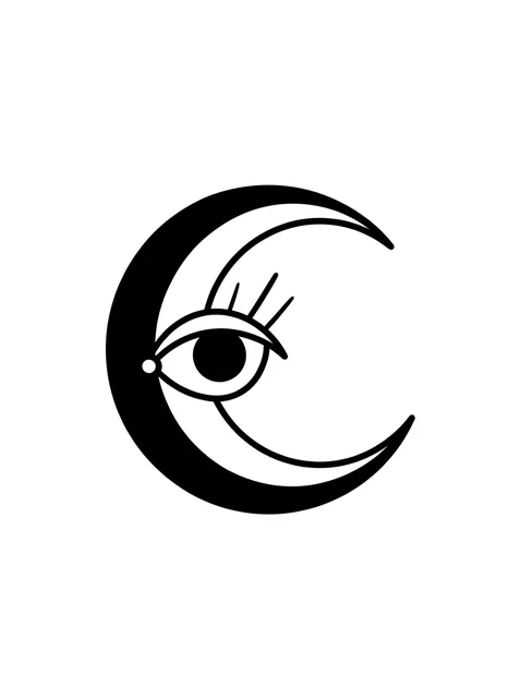 Black and white minimalist evil eye and moon tattoo design, outline stencil