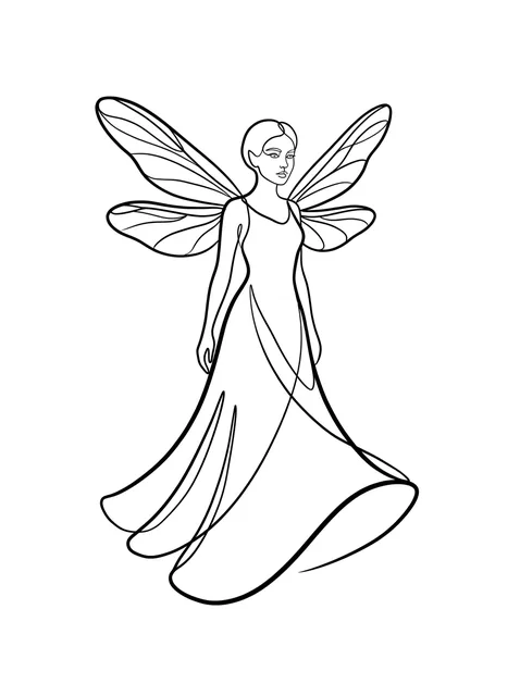 Black and white minimalist fairy tattoo design, outline stencil