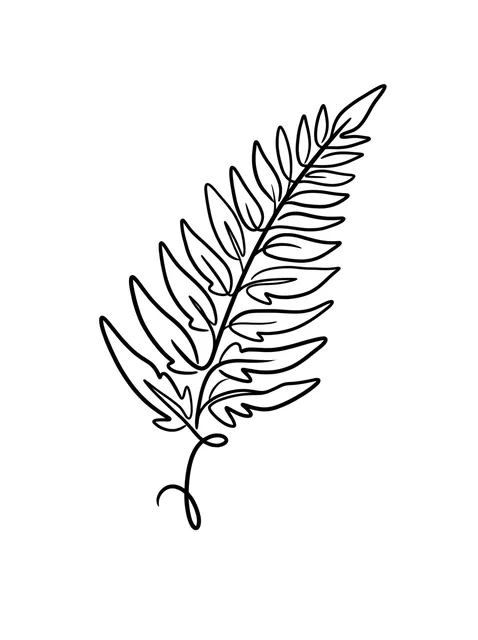 Black and white minimalist fern tattoo design, outline stencil