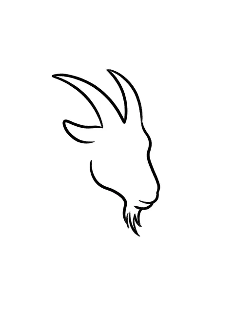 Black and white minimalist goat tattoo design, outline stencil: the profile of a goat's head