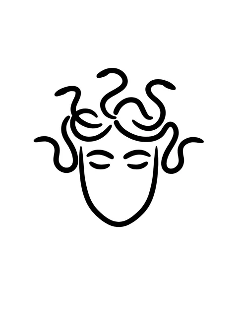 Black and white minimalist medusa and snake tattoo design, outline stencil: the head of Medusa