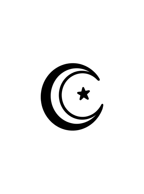 Black and white minimalist star and moon tattoo design, outline stencil: a small black star inside