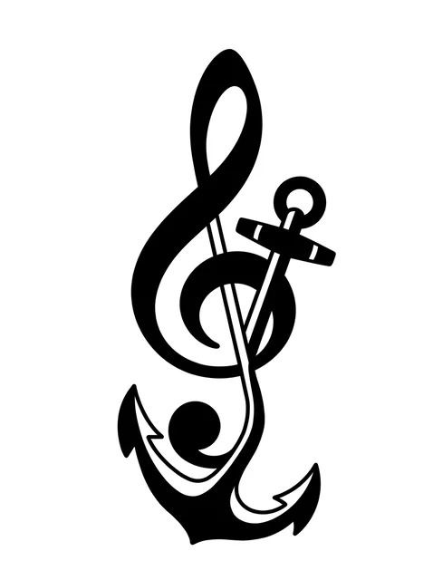 Black and white minimalist music note and anchor tattoo design, outline stencil
