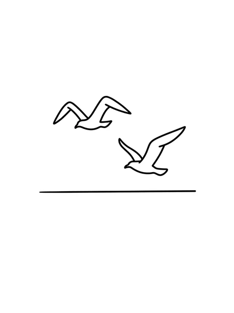 Black and white minimalist ocean and bird tattoo design, outline stencil