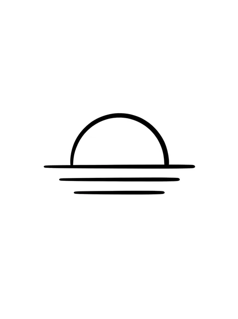 Black and white minimalist ocean and sun tattoo design, outline stencil