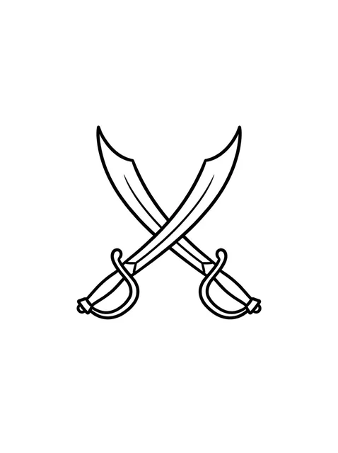 Black and white minimalist pirate and sword tattoo design, outline stencil: two crossed cutlasses
