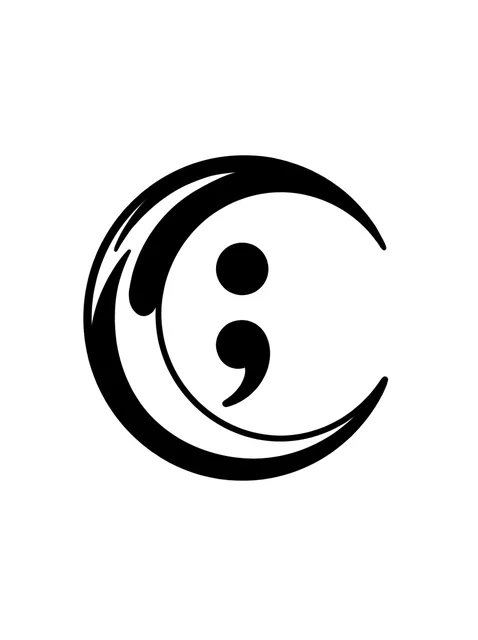 Black and white minimalist semicolon and moon tattoo design, outline stencil