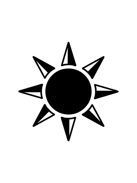 Black and white minimalist sun tattoo design, outline stencil: a stylized sun