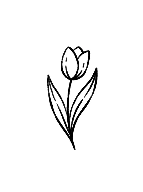 Black and white minimalist tulip tattoo design, outline stencil