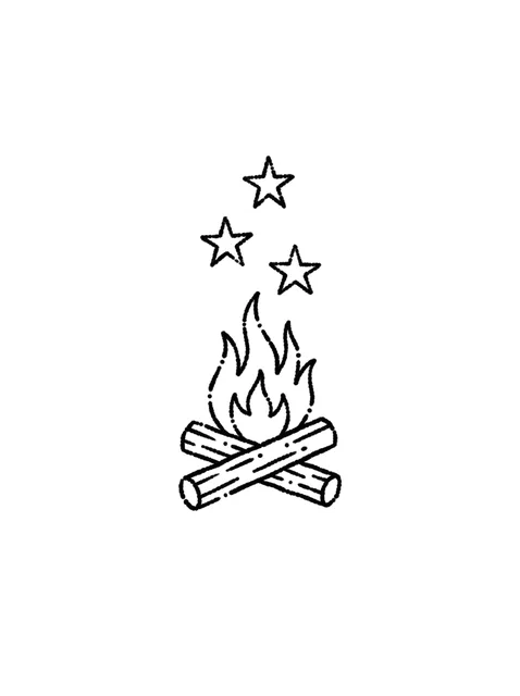 Black and white minimalist western and fire tattoo design, outline stencil: two crossed logs