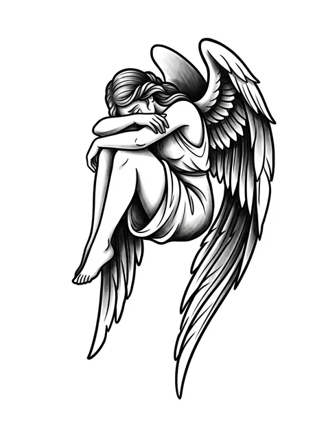 Black and grey neo traditional angel tattoo design: a sorrowful angel with large, detailed wings