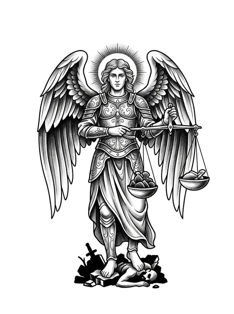 Black and grey neo traditional sword and archangel tattoo design