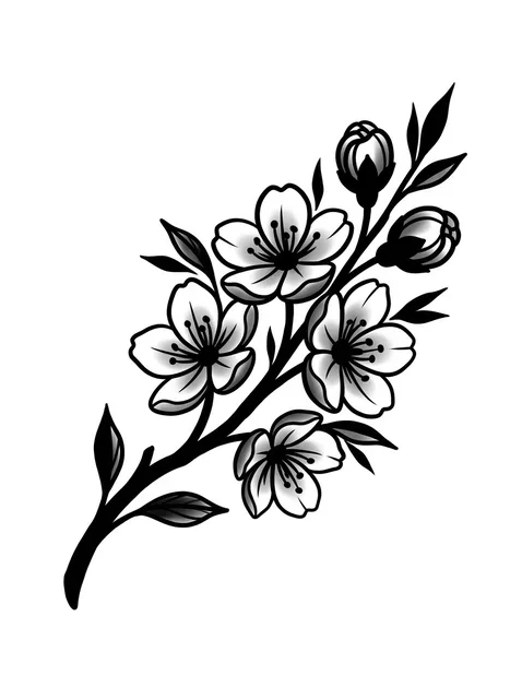 Black and grey neo traditional cherry blossom and flower tattoo design