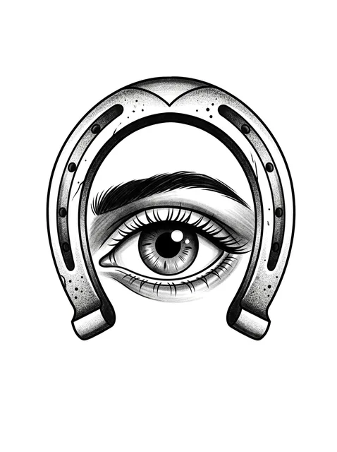 Black and grey neo traditional evil eye and eye tattoo design: a detailed eye within a horseshoe
