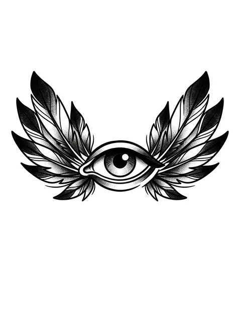 Black and grey neo traditional feather and eye tattoo design