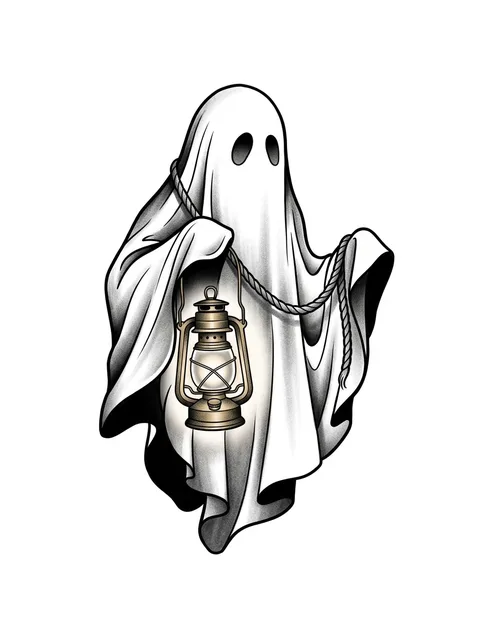 Black and grey neo traditional ghost and lantern tattoo design