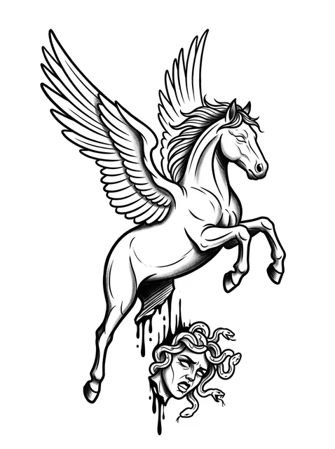 Black and grey neo traditional medusa and horse tattoo design