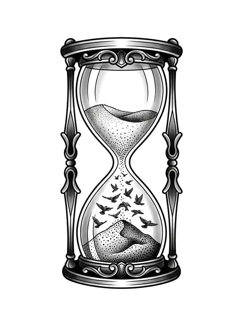 Black and grey neo traditional hourglass and bird tattoo design: an ornate hourglass