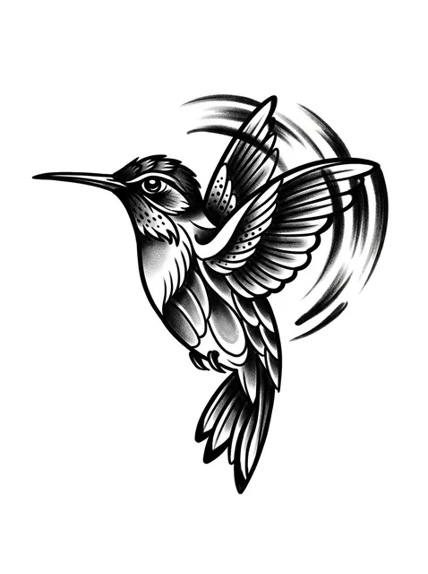 neo traditional Hummingbird tattoo design, black and grey