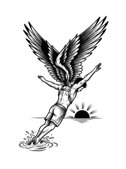 Black and grey neo traditional icarus and angel wings tattoo design