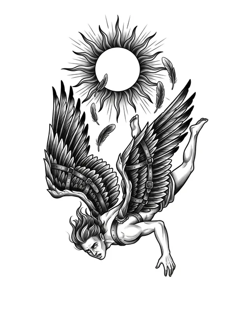 Black and grey neo traditional icarus and angel wings tattoo design