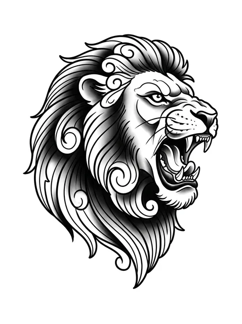 Black and grey neo traditional lion tattoo design: a roaring lion's head
