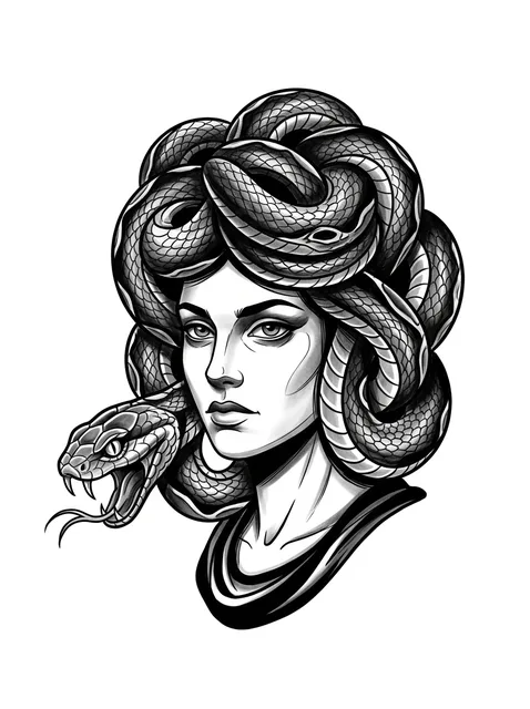 Black and grey neo traditional medusa and snake tattoo design