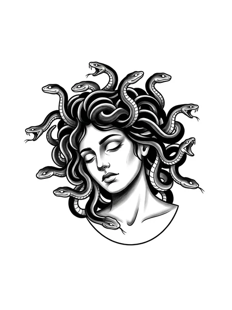 Black and grey neo traditional medusa and snake tattoo design